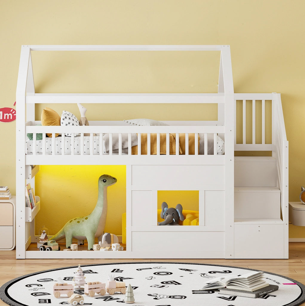 Letto a soppalco 90x200 cm con scala; vani portaoggetti e LED in MDF; legno e compensato bianco
