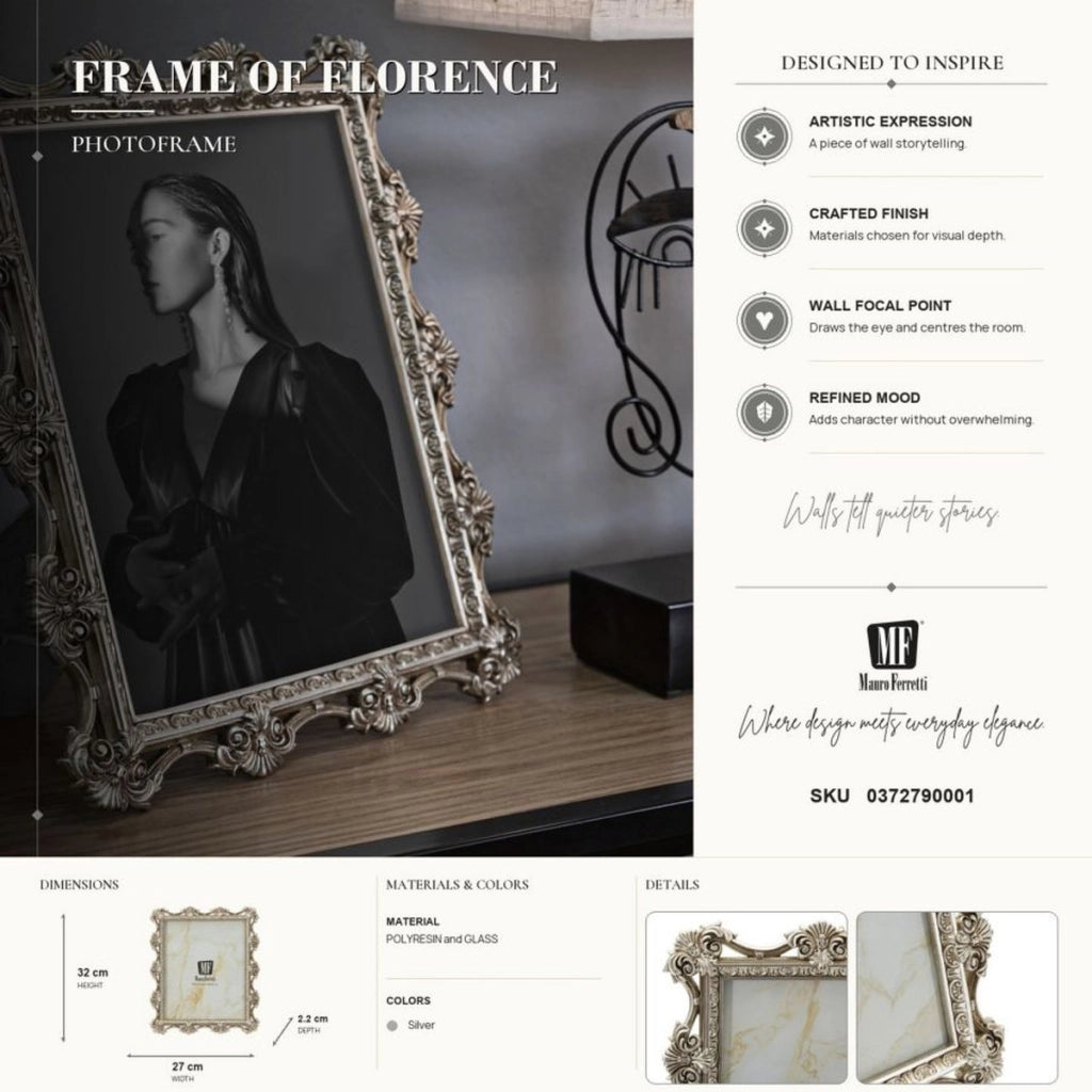 Cornice portafoto Florence argento barocca con rose e volute 20x25 cm