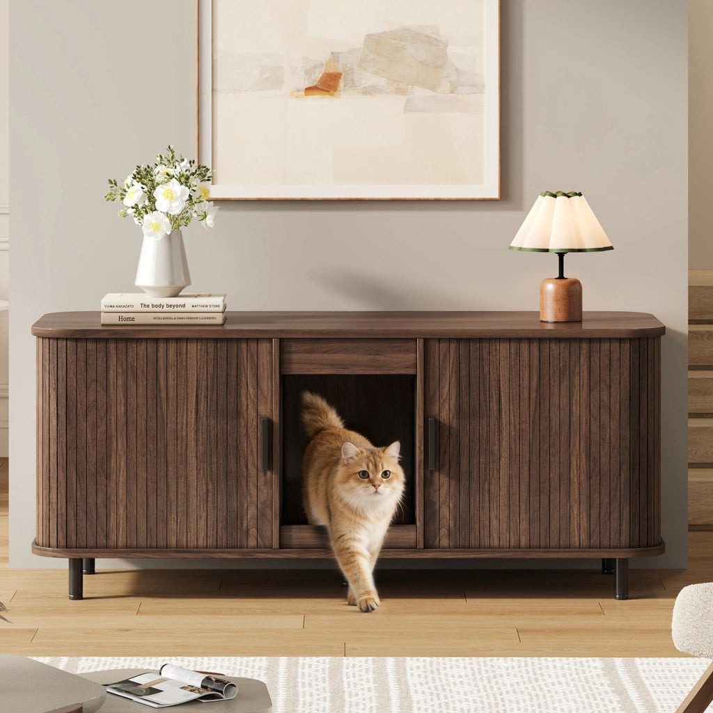 Mobile Lettiera per 2 Gatti 140×50×60 cm con 2 Porte Scorrevoli; Tappetino Raccogli Sabbia e Piedini in Metallo