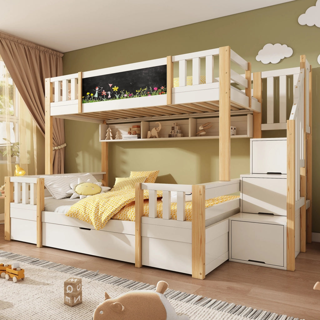 DESMIU Letto a castello per bambini 90 × 200 e 140 × 200 cm con lavagna, vano contenitore, senza materasso, in legno, bianco