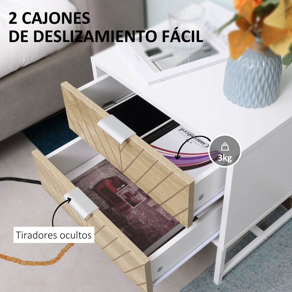 Comodino con 2 cassetti ¨C Xylo ¨C Bianco e rovere, gambe in acciaio, 45x39x48 cm
