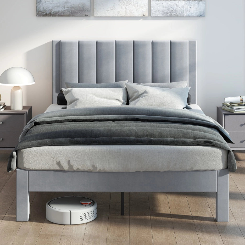 Struttura letto matrimoniale 200x140 CM con testiera in velluto morbido e supporto doghe-Letto piattaforma imbottito Grigio