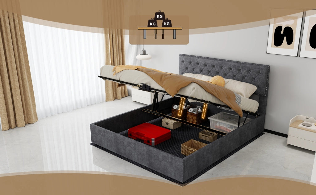 DESMIU Letto contenitore 160 × 200 cm 2 posti con spazio sotto il letto, senza materasso, in tessuto e metallo, grigio