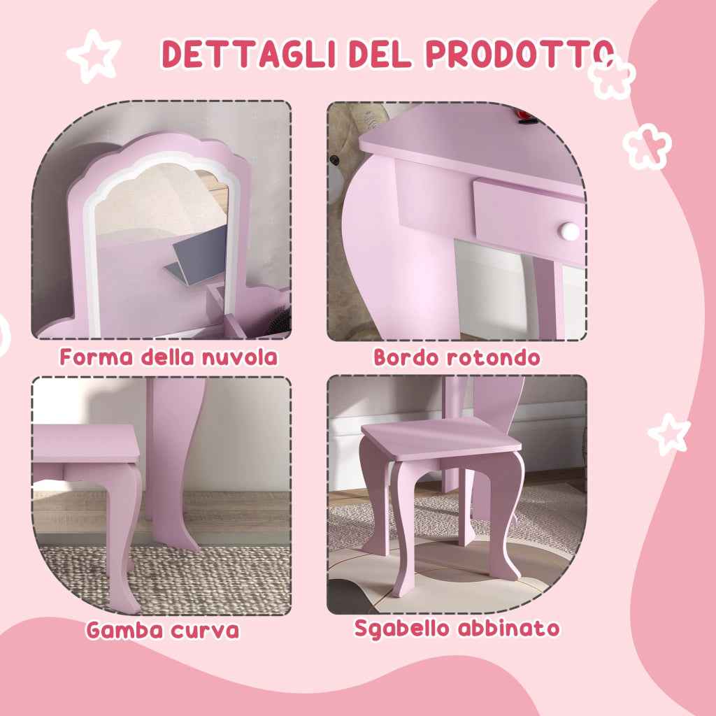Toeletta con Specchio e Sgabello ¨C Xylo ¨C Legno Rosa con Cassetto