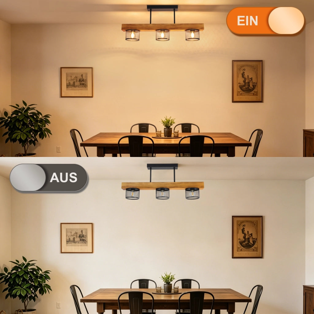 ZMH Lampada da Soffitto Vintage Legno E14 3 Luci Metallo Gitterschirm Industriale per Soggiorno Camera Senza Lampadina