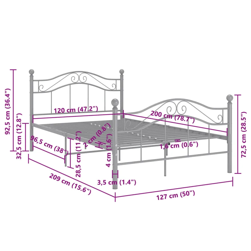 Letto matrimoniale | Letto per adulti | Giroletto Grigio in Metallo 120x200 cm