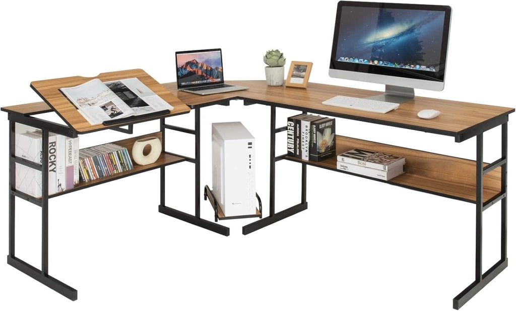 Scrivania Angolare 170 CM, Scrivania per Computer ad Angolo Moderna con Piano Inclinabile, Scaffale Inferiore e Supporto per CPU, Scrivania a Forma di L per Ufficio e Studio (Noce)