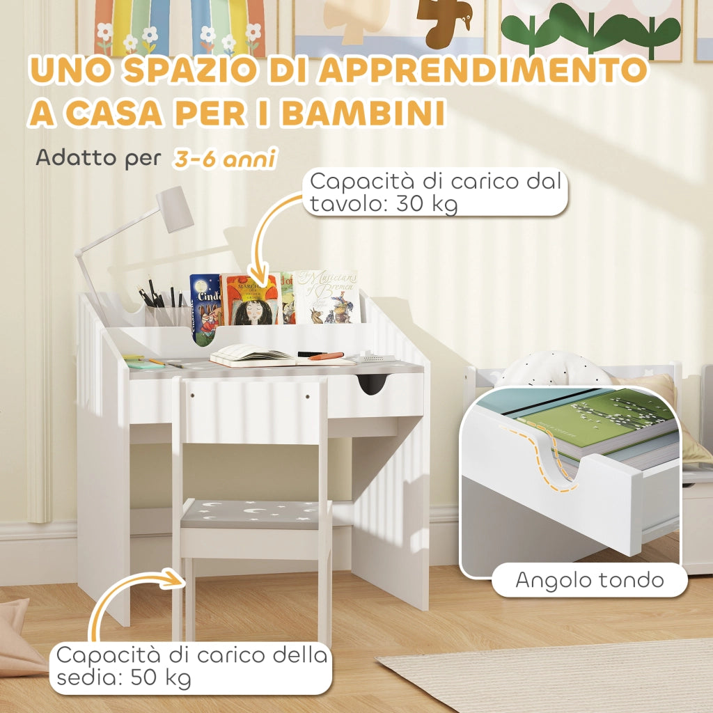 Set Sedia e Tavolino Bambini ¨C Xylo ¨C Legno Grigio con Cassetto Organizzatore 3-6 Anni