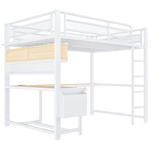 Letto a soppalco con scrivania 140x200 cm LEMONMAX, LED 7 colori, 2 prese e 2 USB, mensole, struttura in metallo, bianco