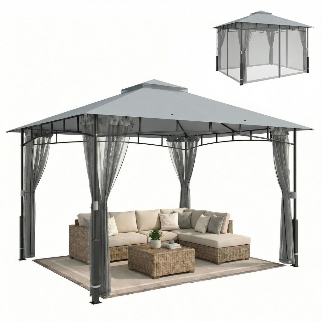 Gazebo da Giardino ¨C Xylo ¨C Doppio Tetto Pareti in Rete UPF50+ Grigio 360x300x275cm