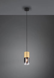 ROBIN SOSPENSIONE CILINDRO METALLO OTTONE SATINATO E VETRO FUME' E TRASPARENTE D. 10CM 1 LUCE ATTACCO E27