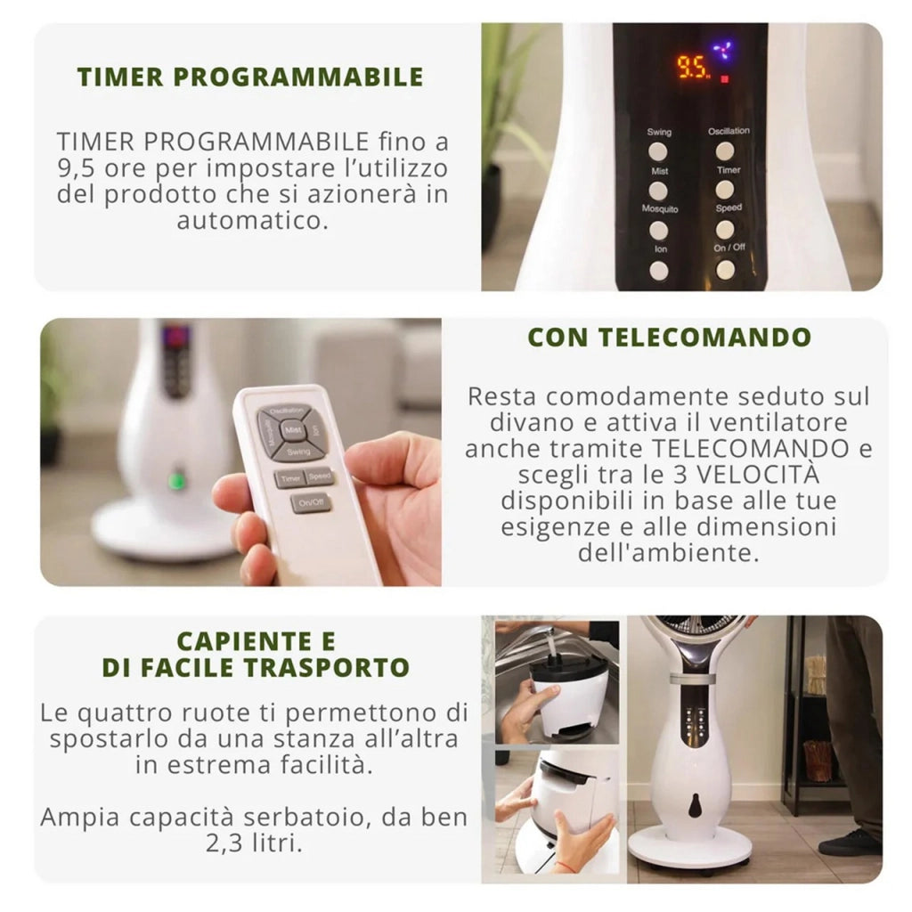Ventilatore Nebulizzatore con Ruote Combinato Umidificatore Ioni Anti Zanzare 40x40x110cm