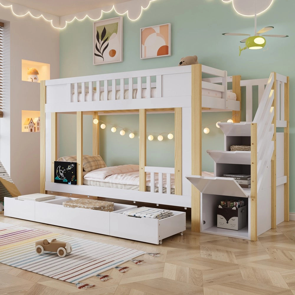 Letto a Castello con Contenitore ¨C MINIMAL ¨C Pino e Multistrato, Bianco, 90x200