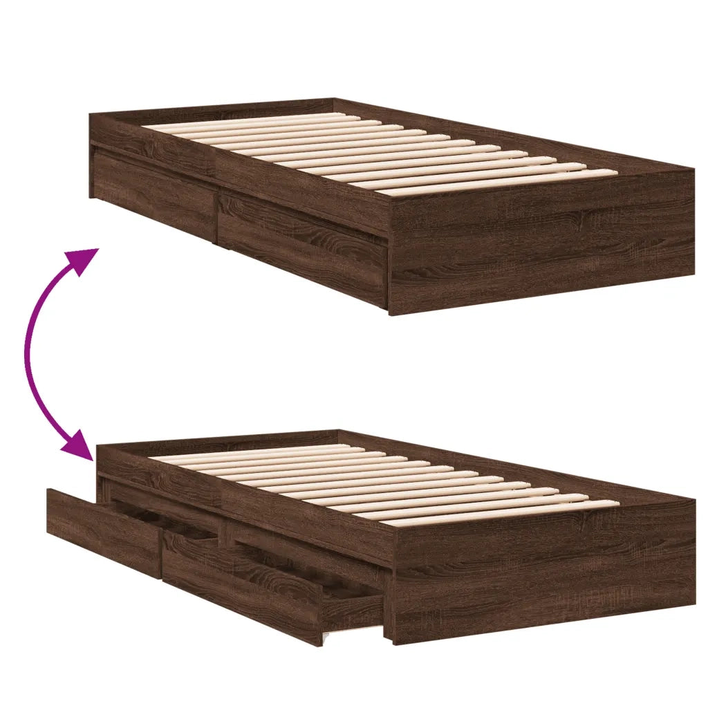 Letto singolo | Letto per adulti | Giroletto Cassetti Rovere Marrone 75x190 cm Legno Multistrato
