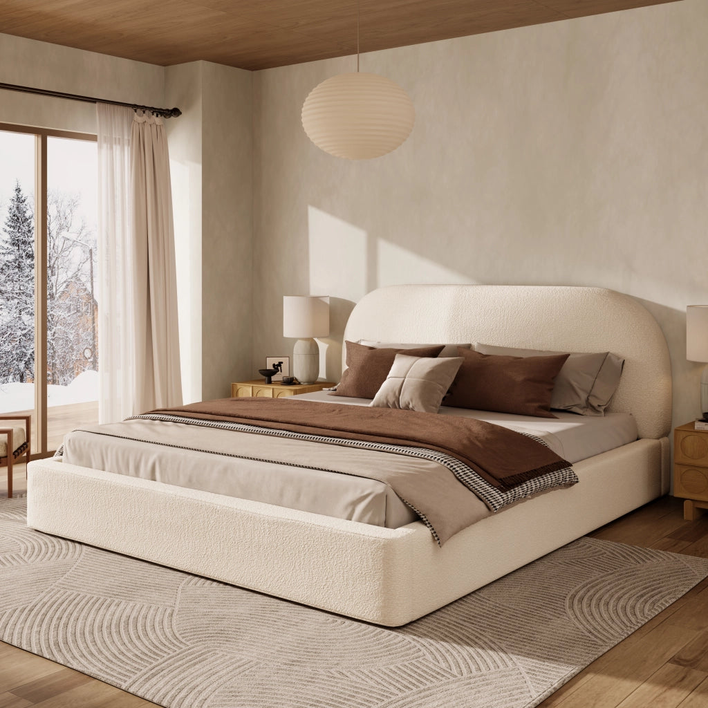 DESMIU Letto matrimoniale 180 × 200 cm 2 posti con testiera imbottita, senza materasso, bouclé beige