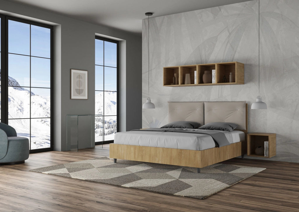 BS COM Letto matrimoniale contenitore 160x190 Quercia cuscini similpelle tortora