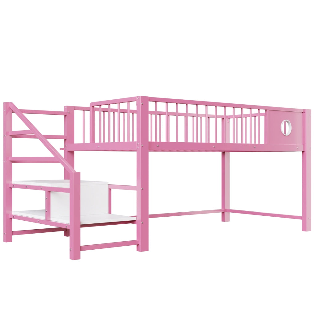 DESMIU Letto a soppalco bambino 90 × 200 cm con scala contenitore, senza materasso, in metallo, rosa