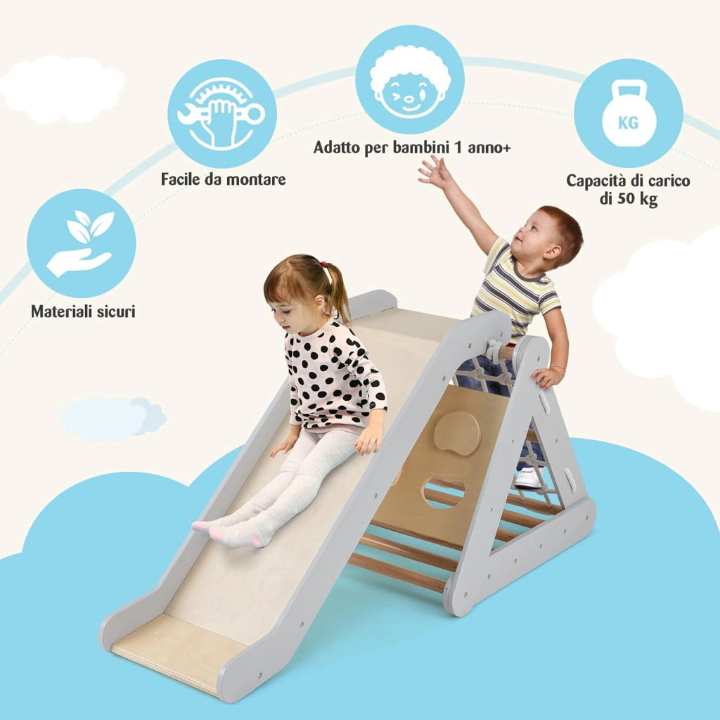 Set 4 in1 Arrampicata per Bambini, Arrampicata a Triangolo con Scivolo, Set di Arrampicata in Legno per Interni e Esterni con Rete di Arrampicata, Carico 50kg, 1 Anni+ (Grigio)