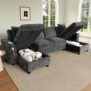 DIVANO U con chaise longue, 279x135x84 cm, Chenille Grigio, USB e Type-C