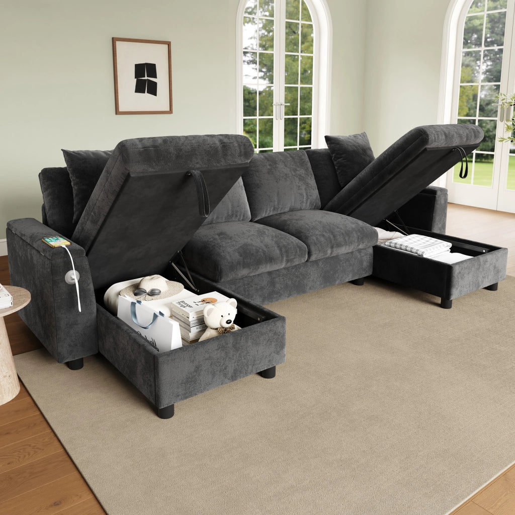 DIVANO U con chaise longue, 279x135x84 cm, Chenille Grigio, USB e Type-C