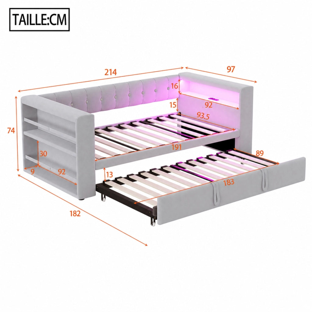 DESMIU Letto singolo 90 × 190 cm e 180 × 190 cm con LED, prese, contenitore, senza materasso, in flanella, grigio chiaro