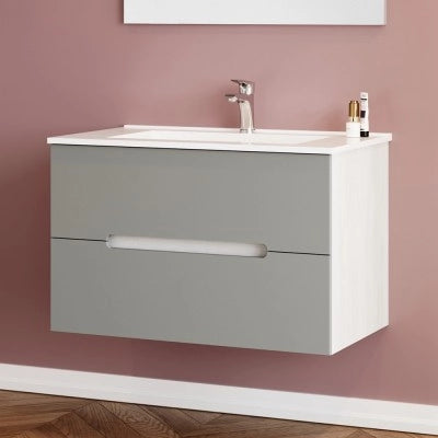 Mobile bagno sospeso 80 rovere bianco e tortora con lavabo e specchio  Iris