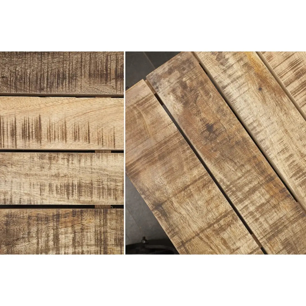 Tavolino basso RAIL industriale su ruote 110 cm – Legno di mango massiccio e metallo