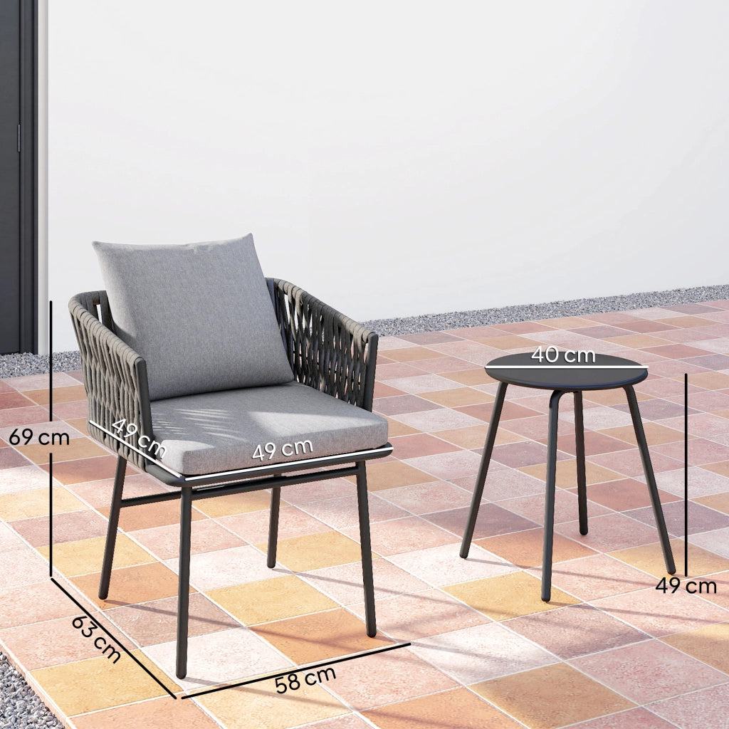 Set bistrot giardino 3 pezzi con cuscini ¨C Xylo ¨C 2 sedie + 1 tavolo, rattan, telaio acciaio, grigio