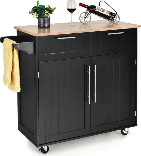 Carrello da Cucina Rotante con Ripiani e Grande Cassetto 4 Ruote Universali e Asse da Stendino (Nero) 94 x 45 5 x 94 5 cm