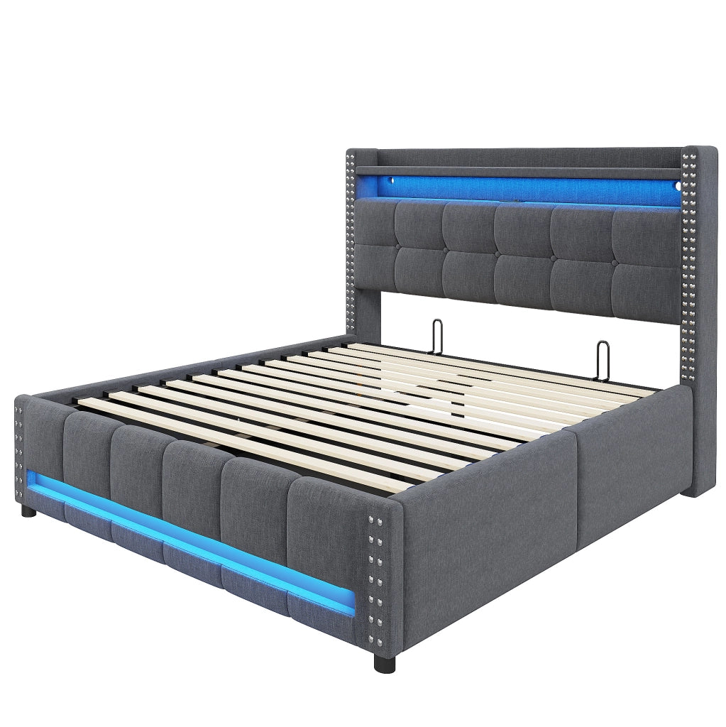 Letto imbottito 160x200 cm con LED, USB e vano contenitore