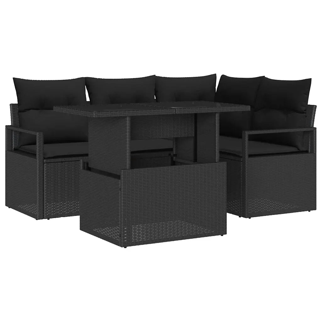 Set Divano da Giardino con cuscino 5 pcs Nero Poly Rattan