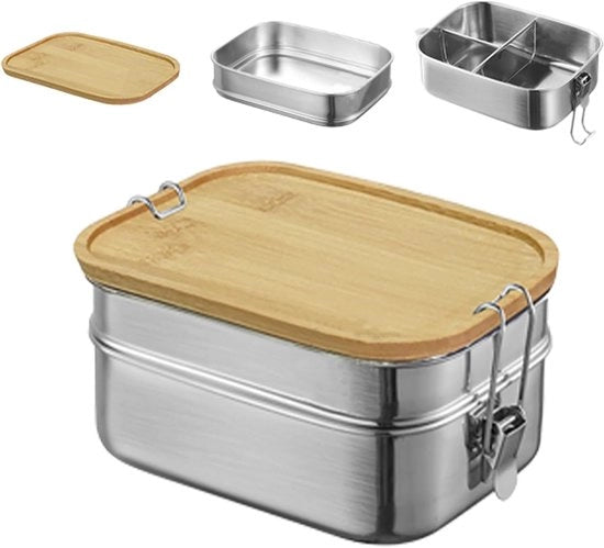 Bento Scatola con 2 contenitori e coperchio in legno - Ciotola per pane in acciaio inossidabile, BPA-free - Adatta per adulti e bambini, ideale per la scuola e le uscite
