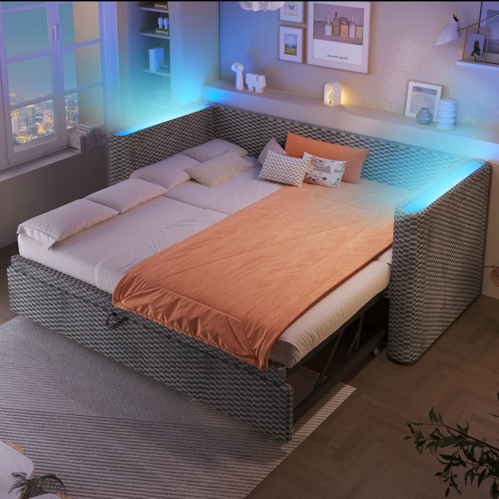 OKWISH Letto Estraibile 90×200 cm, Letto Singolo con LED Multicolore, si trasforma in 180×200 cm, senza Materasso, in Velluto, Grigio