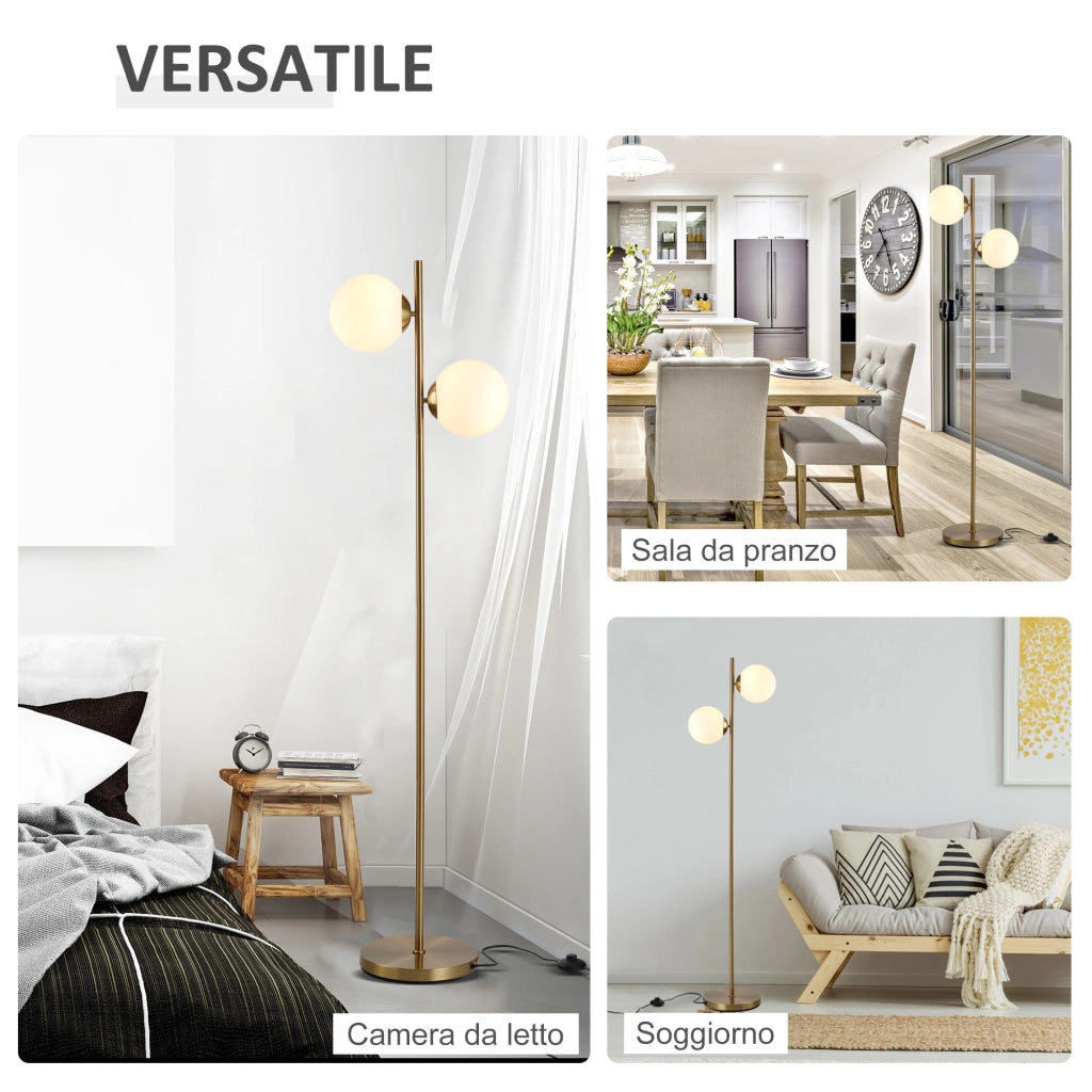 Lampada da Terra a 2 Luci con Paralumi a Sfera ¨C Minimal ¨C Oro ?28x165 cm