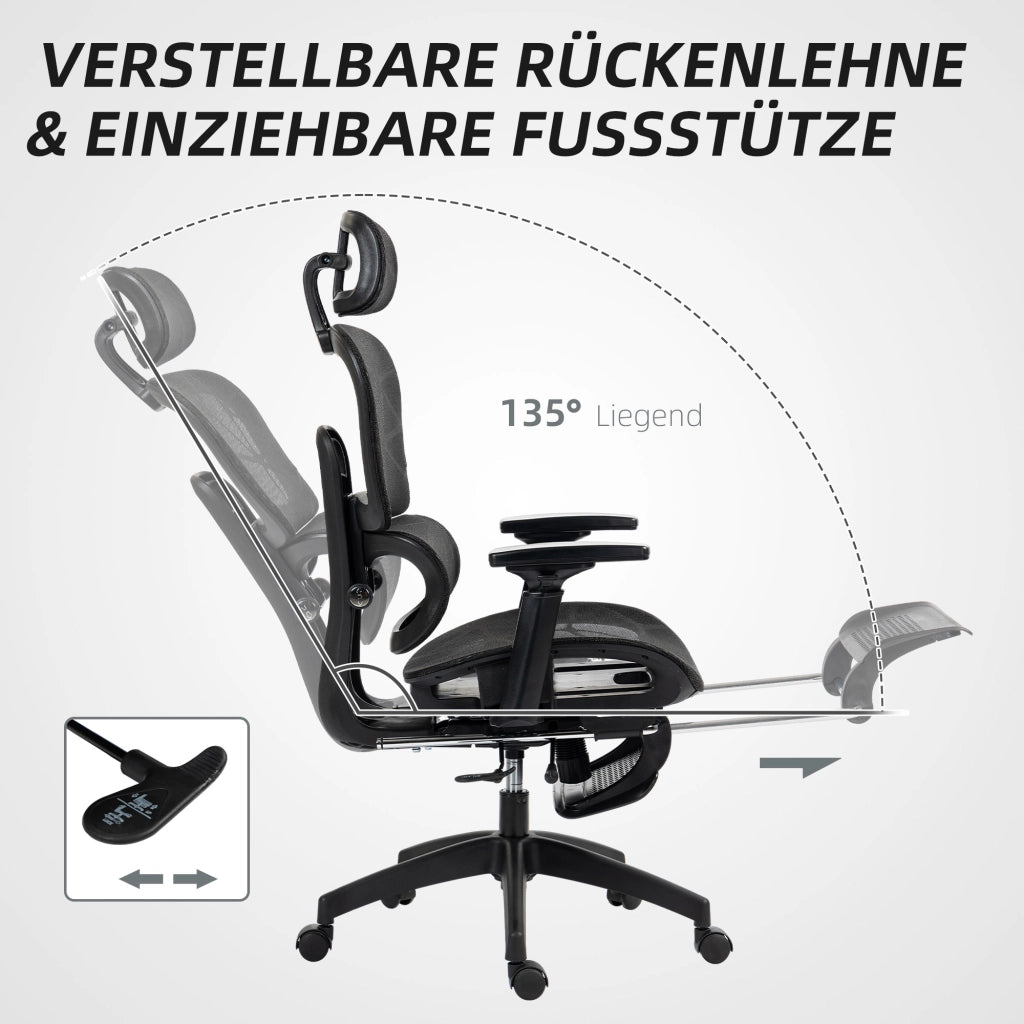 Sedia da Ufficio Ergonomica con Poggiatesta, Supporto Lombare, Poggiapiedi e Schienale Reclinabile, in Poliestere Nero