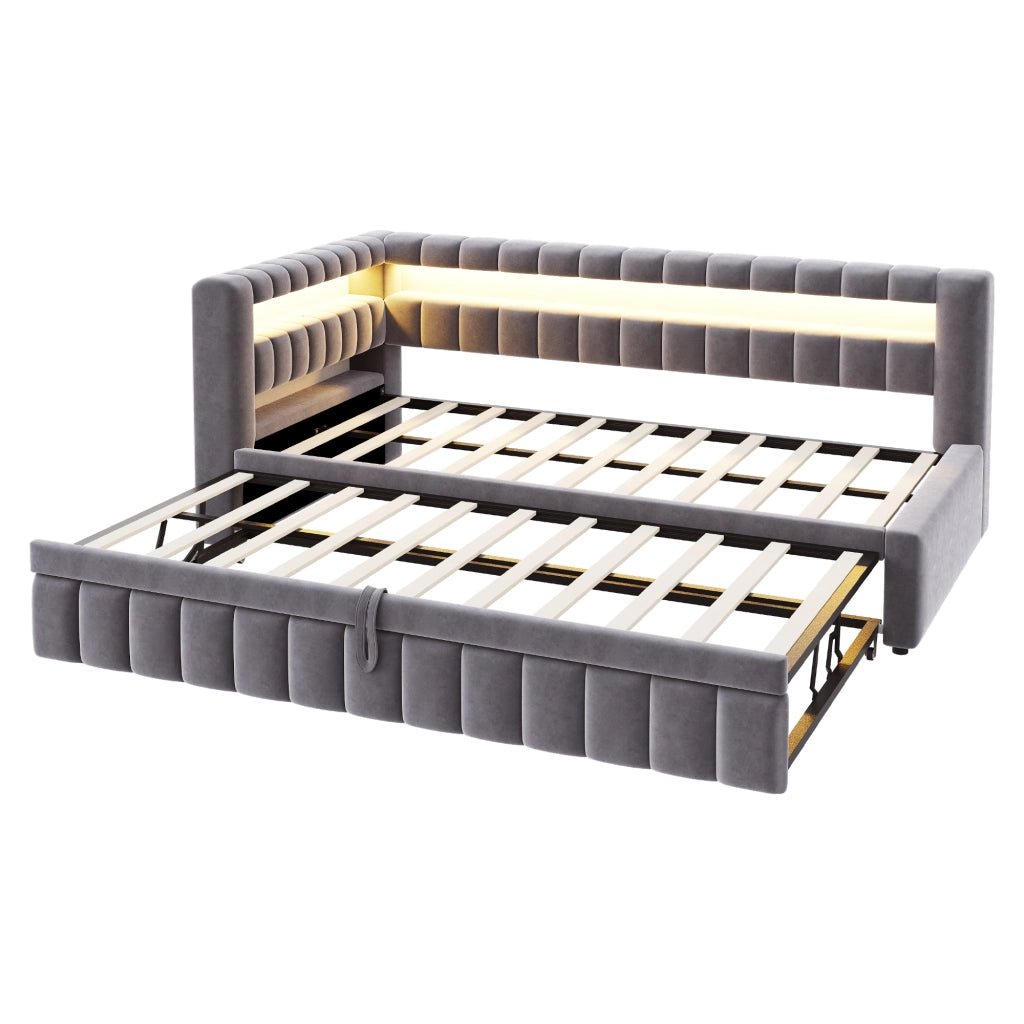 LETTO DIVANO ESTRAIBILE 90x200 cm Velluto Grigio con LED e USB