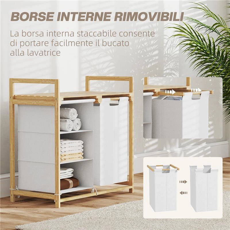 CESTO PORTABIANCHERIA CON 2 BORSE ESTRAIBILI MANIGLIE E RIPIANO IN BAMBÙ 70X36X70 CM BIANCO
