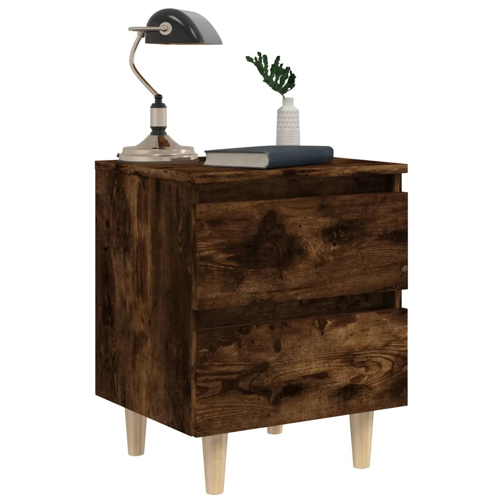 Comodino con Gambe in Legno Massello Rovere Fumo 40x35x50 cm 813122