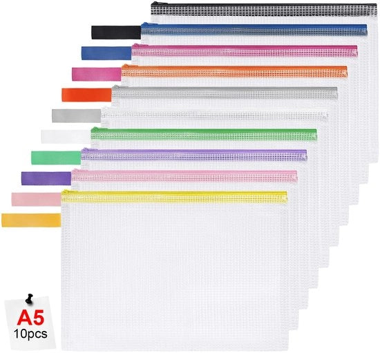 Documenti A5, set di 10 borselli A5 con cerniera, tasche in plastica mesh impermeabile per documenti, carta, cosmetici, compiti e accessori di viaggio