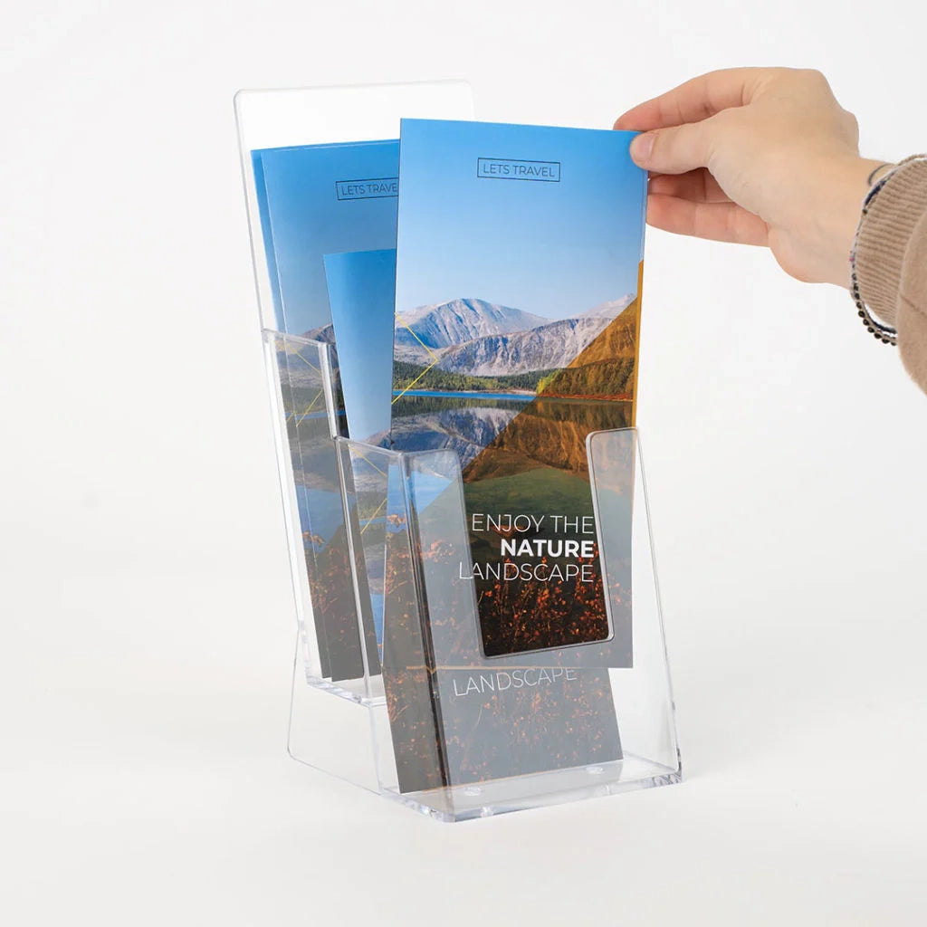 Porta depliant da banco in plexi 2 tasche 1/3 A4