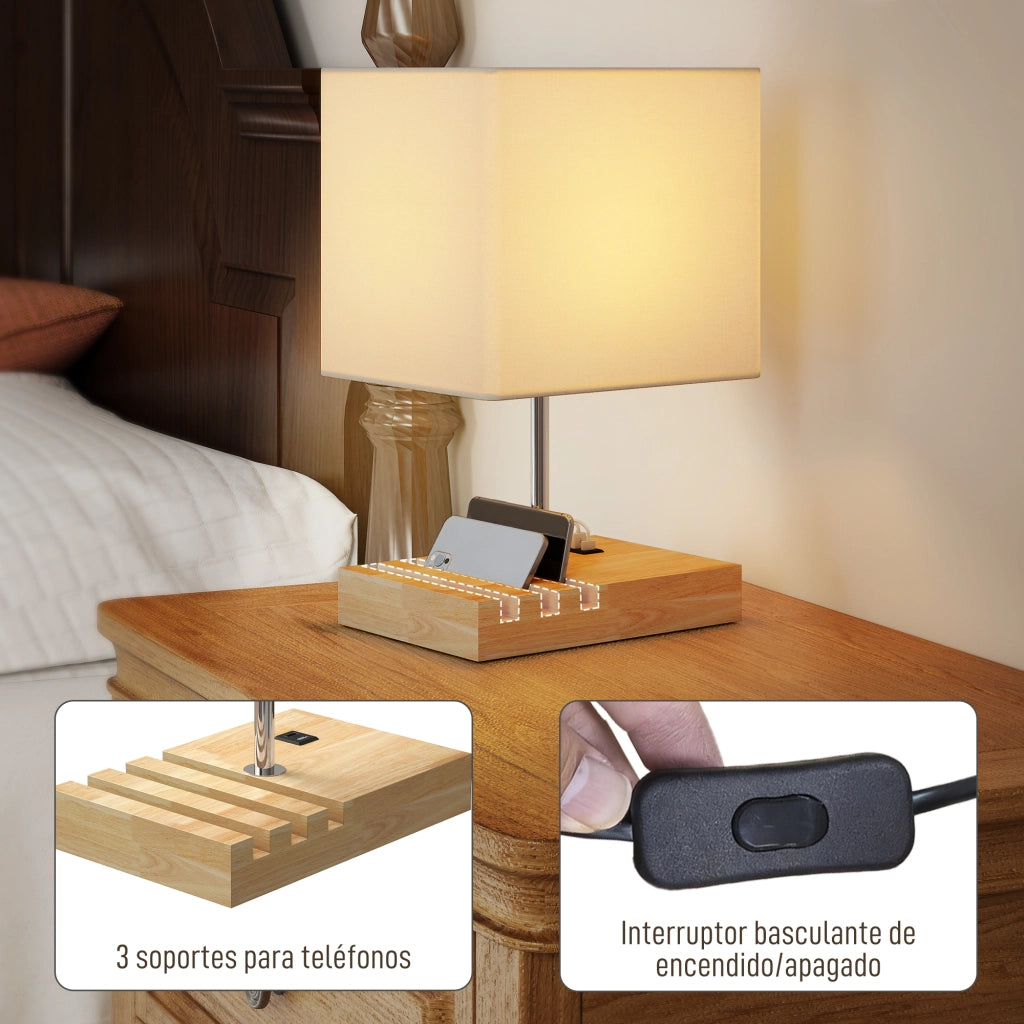 Lampada da Tavolo con Base in Legno e USB ¨C Minimal ¨C Bianco