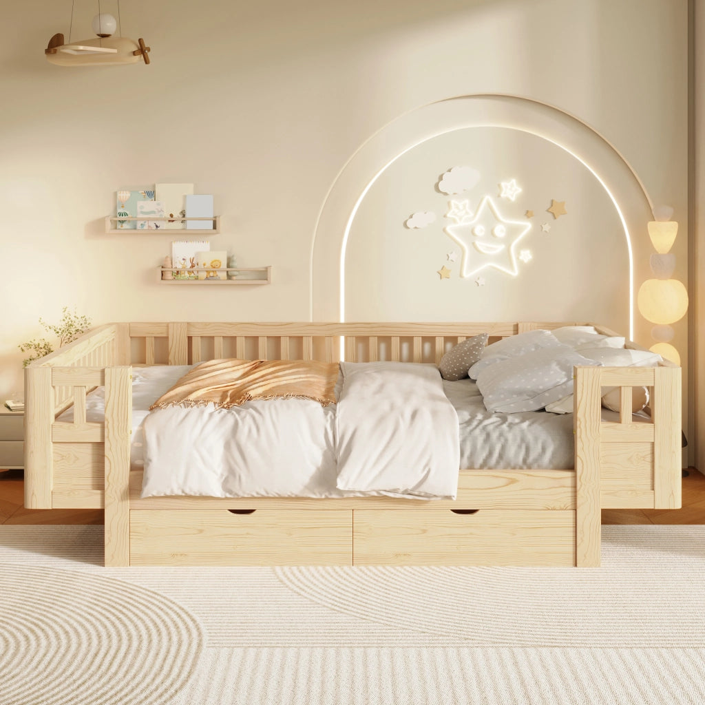 DESMIU Letto per bambini 140 × 200 cm con 2 cassetti, senza materasso, in legno massiccio e MDF, colore legno