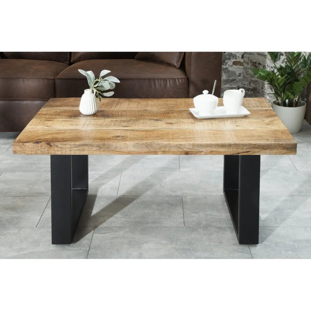 Tavolino basso LODEN 100 cm in legno massiccio di mango e metallo nero - stile industriale