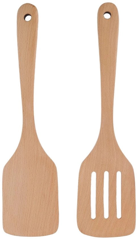 Set di Spatole in Legno 2 Pezzi - Antiscivolo - Cucina - Materiali di Alta Qualità in Quercia - Lunghezza 30,5 cm