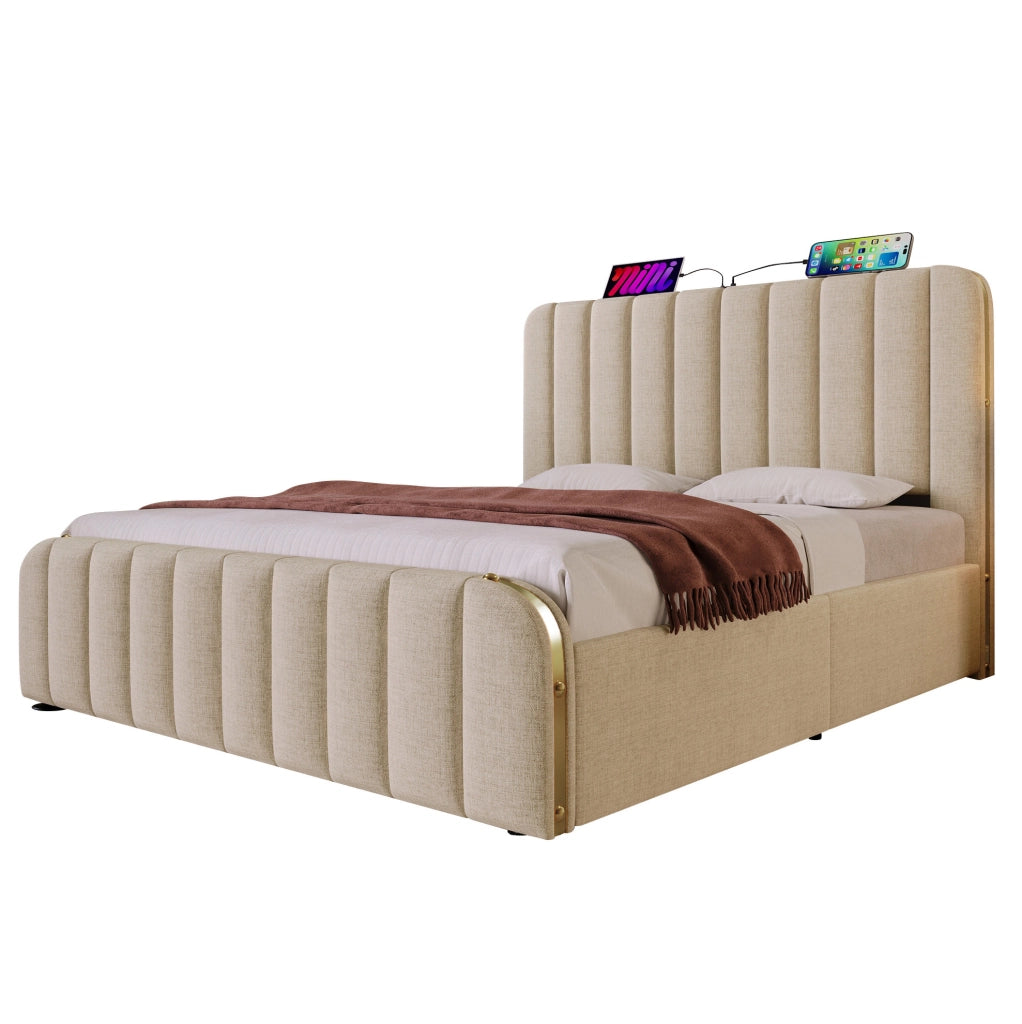 Letto matrimoniale imbottito con materasso, 4 cassetti e USB Type-C