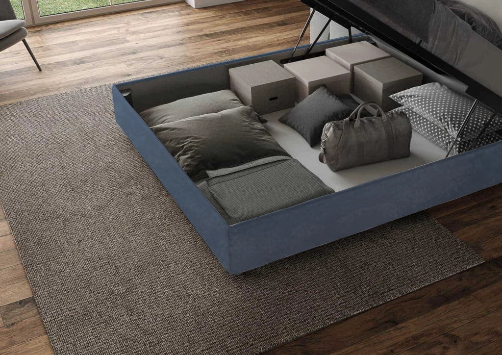 BS COM Letto queen size contenitore imbottito 150x210 microfibra blu Large