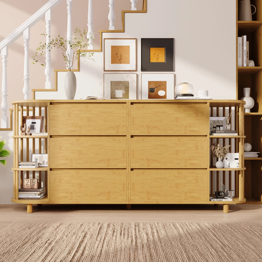 Credenza con 6 Cassetti e Ripiani Aperti Piedini Regolabili per Soggiorno in MDF e Bambù 160 x 40 x 75 cm Rovere