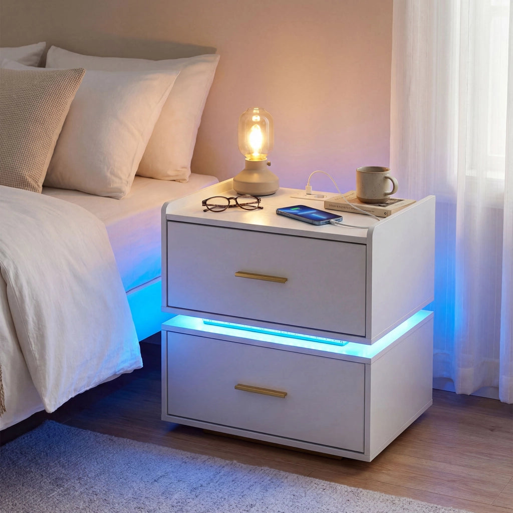 Comodino con stazione di ricarica e LED con 2 cassetti portaoggetti, Tavolino moderno semi-sospeso per soggiorno e camera da letto Bianco