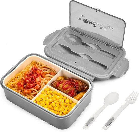 Bento Box - Contenitore Cibario con Set di Cucchiaini - 3 Celle - Grigio