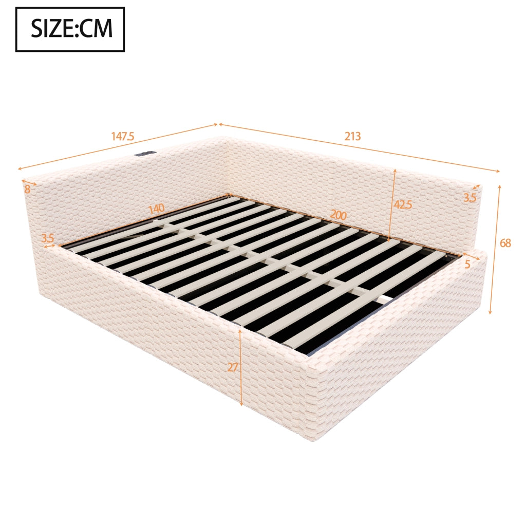 Letto Matrimoniale 140x200 cm; Contenitore; LED; USB e Tipo C; in Velluto; Beige